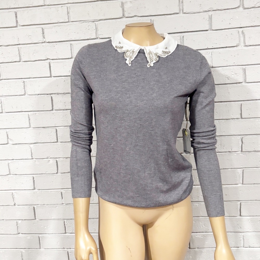 Vita Milano Grey Knit Sweater White Beaded Peter Pan‎ Collar Mediuml
